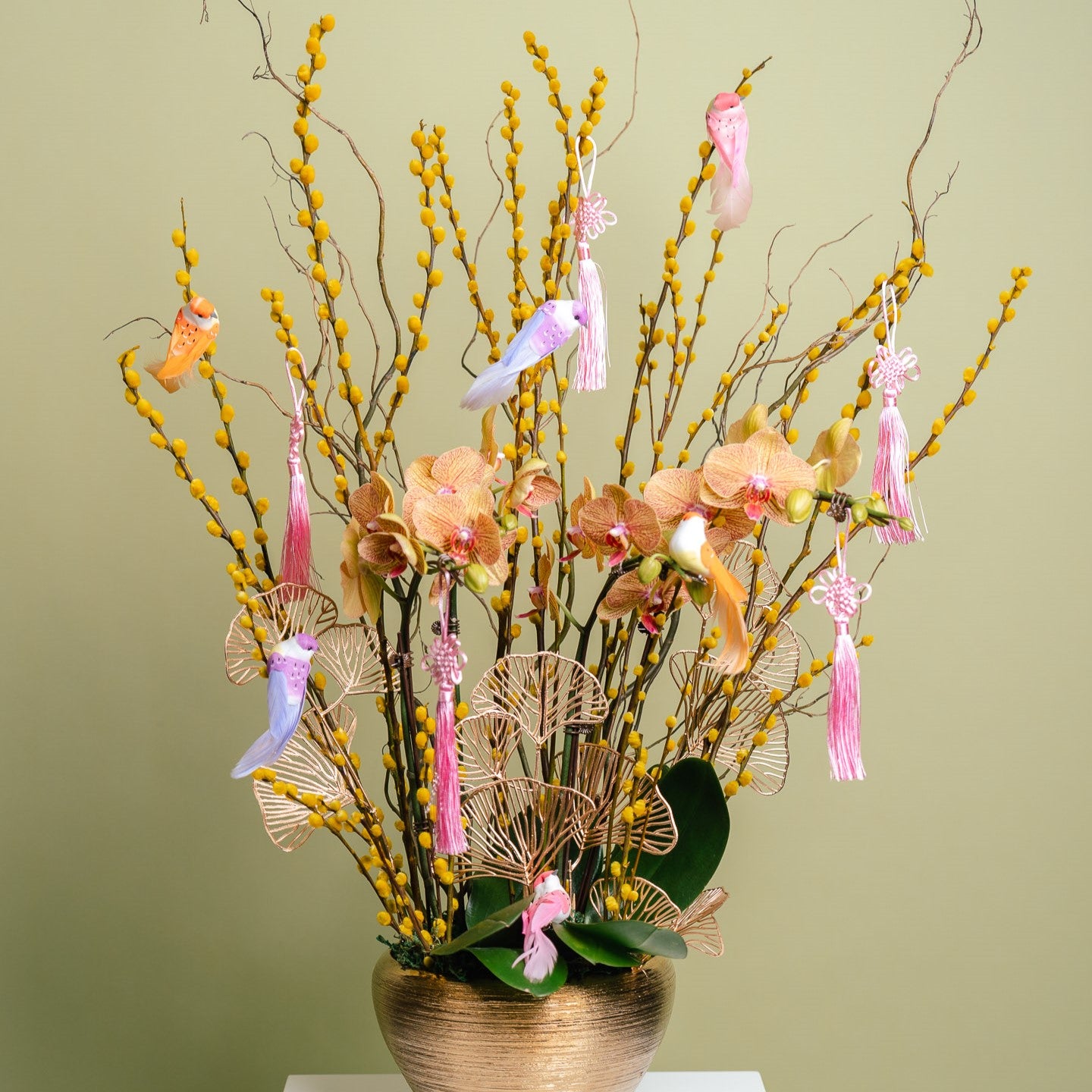 Coral Orchid And Pussy Willow Arrangement