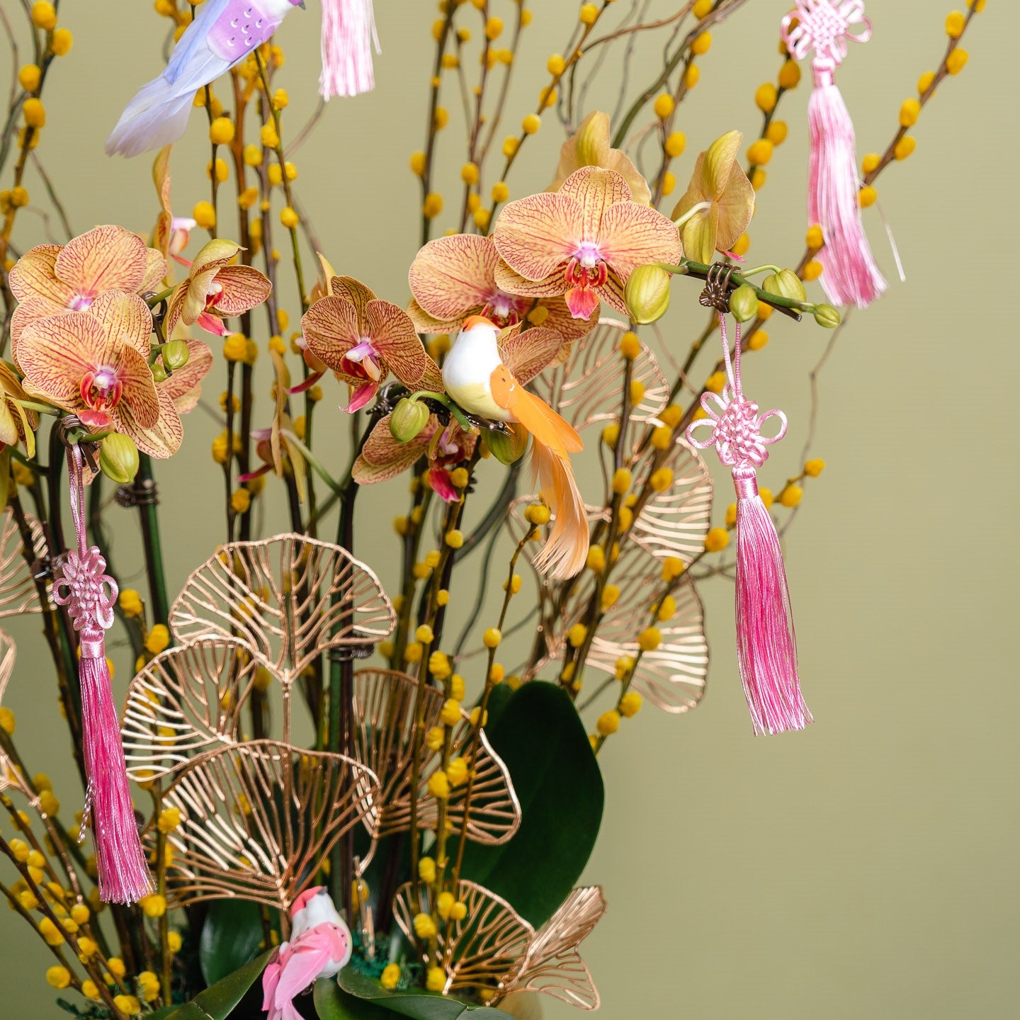 Coral Orchid And Pussy Willow Arrangement