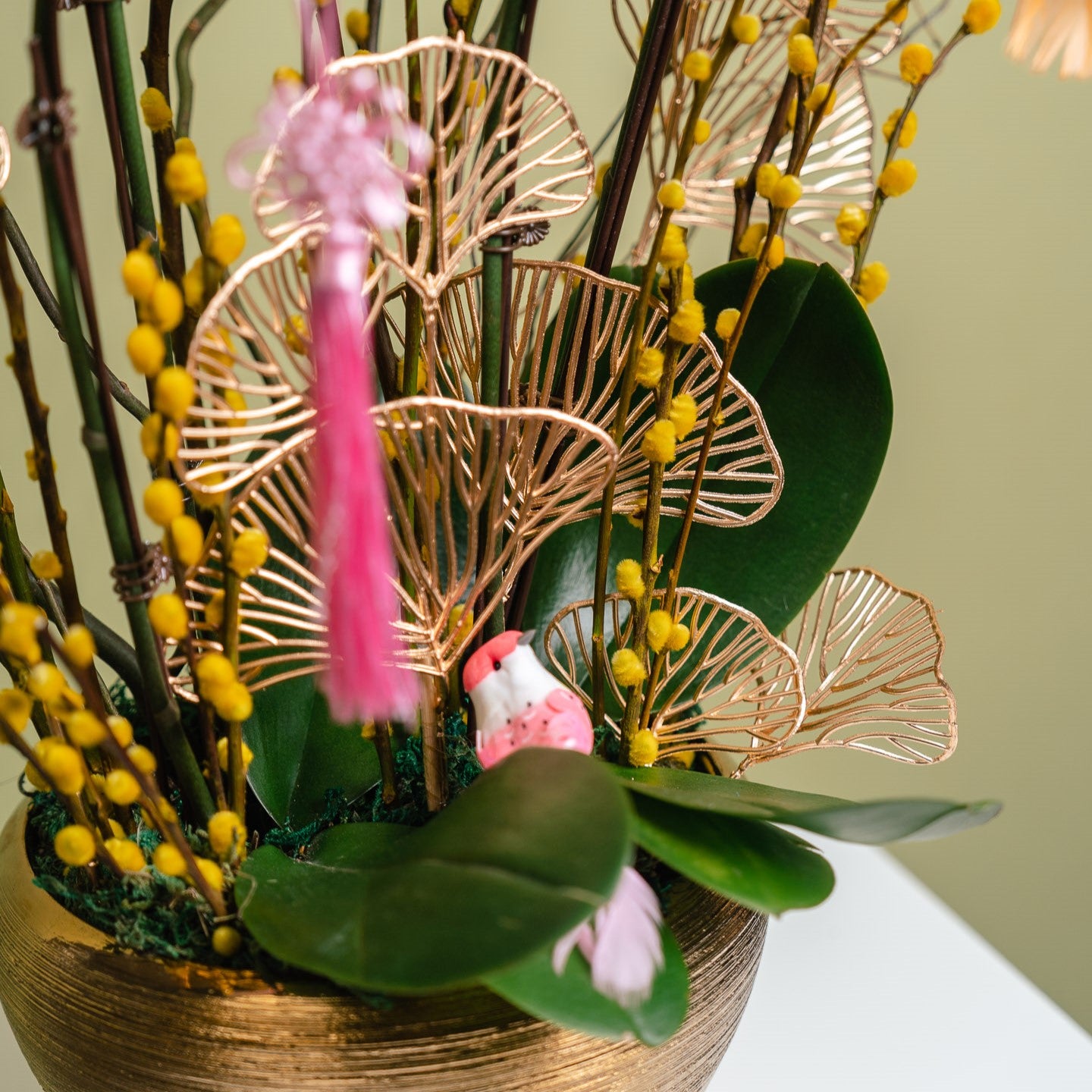 Coral Orchid And Pussy Willow Arrangement